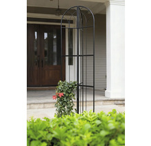 Metall-Rosenbogen mit Pflanzen vor einem Haus