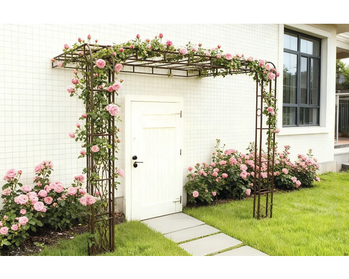 Eingangsbereich mit Rosenbogen und blühenden Rosensträuchern