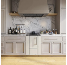 Küchenszene mit Dunstabzugshaube, Kochfeld, Arbeitsplatte und Schränken in einem hellen, freundlichen Design.