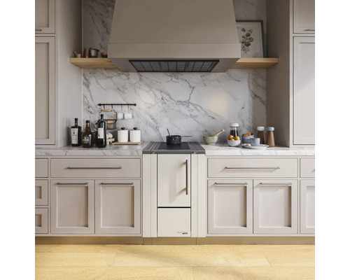 Küchenszene mit Dunstabzugshaube, Kochfeld, Arbeitsplatte und Schränken in einem hellen, freundlichen Design.