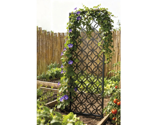 Dekorative Rankhilfe aus Metall mit Pflanzen im Garten