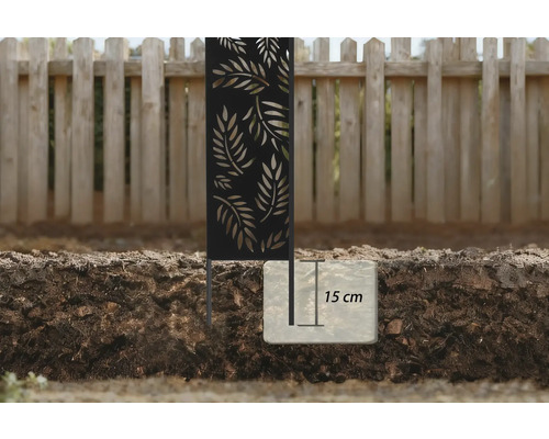 Dekoratives Gartenelement mit Blättermuster und Darstellung der Installation im Boden