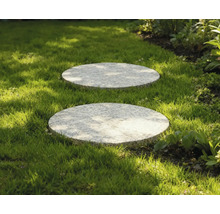 Zwei runde Trittplatten aus Stein im Rasen