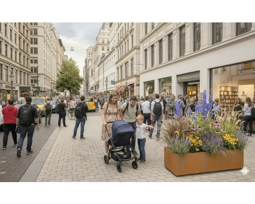 Szene einer belebten Straße mit Pflanzkasten, Familie mit Kinderwagen und Passanten vor Gebäuden