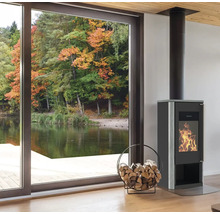 Modernes Wohnzimmer mit Kaminofen, Holzkorb und Blick auf einen See