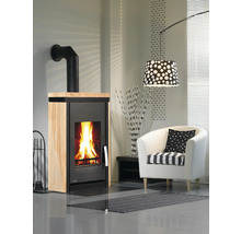 Kaminofen mit Brennholz und Kaminbesteck in einem Wohnzimmer.