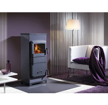 Holzofen im Wohnzimmer mit Sofa und Lampe