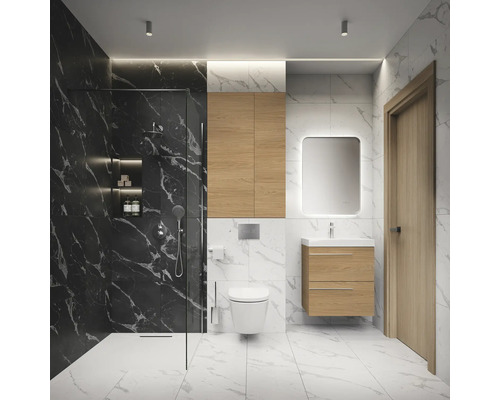 Modernes Badezimmer mit Dusche, Waschbecken, Spiegel und Toilette