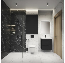 Modernes Badezimmer mit Dusche, Waschtisch, Spiegelschrank und Toilette in Marmoroptik.