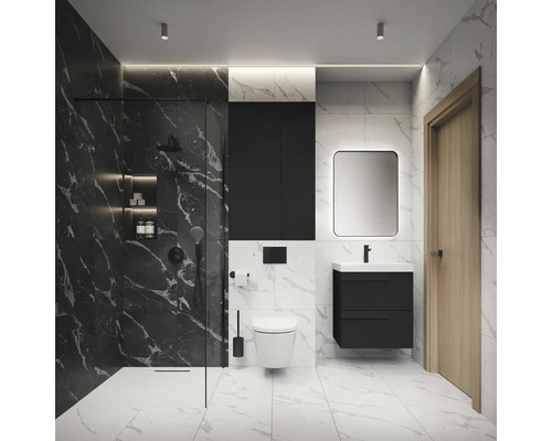 Modernes Badezimmer mit Dusche, Waschtisch, Spiegelschrank und Toilette in Marmoroptik.