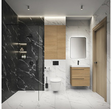 Modernes Badezimmer mit Dusche, Waschtisch und Toilette.