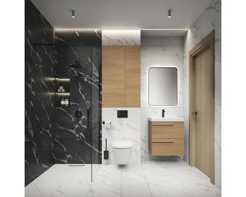 Modernes Badezimmer mit Dusche, Waschtisch und Toilette.