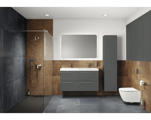 Modernes Badezimmer mit Dusche, Waschtisch, Spiegelschrank, Toilette und grauen Möbeln