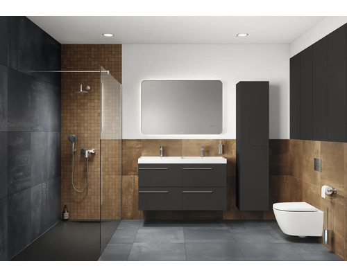 Modernes Badezimmer mit Dusche, Waschtisch, Spiegel, Schrank und Toilette.