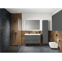 Modernes Badezimmer mit Dusche, Waschtisch, Spiegelschrank und Toilette in Grau und Braun