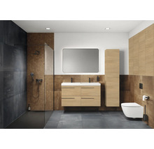 Modernes Badezimmer mit Dusche, Waschtisch, Spiegel, Hochschrank und Toilette