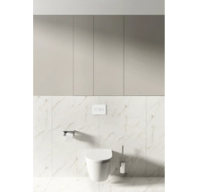 Modernes Badezimmer mit Wand-Tiefspül-WC, Betätigungsplatte und Toilettenpapierhalter vor Marmorfliesen