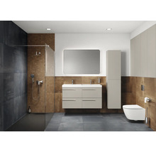 Badezimmer mit Dusche, Waschtisch, Spiegel, Hochschrank und Toilette