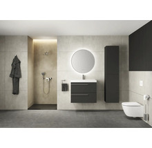 Modernes Badezimmer mit Dusche, Waschtisch, Spiegel, Hochschrank und Toilette.