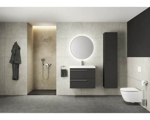 Modernes Badezimmer mit Dusche, Waschtisch, Spiegel, Hochschrank und Toilette.