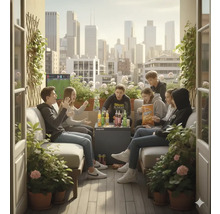 Gruppe von Teenagern genießt Snacks und Getränke auf einem Balkon mit Stadtblick.