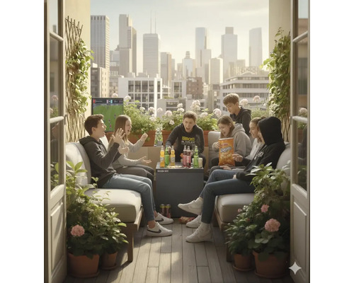 Gruppe von Teenagern genießt Snacks und Getränke auf einem Balkon mit Stadtblick.