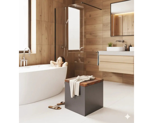 Helles Badezimmer mit Badewanne, Dusche, Waschtisch und Ablagehocker