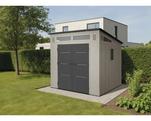 Kunststoffgerätehaus Konsta inkl. Fußboden 254 x 254 cm grau Gartenschuppen mit Doppeltür und Fenster im Garten
