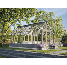Gewächshaus mit Glaswänden und grauer Rahmenkonstruktion im Garten.