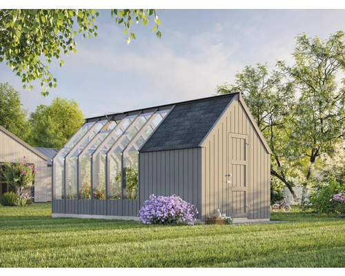Gartenansicht mit Gewächshausanbau für Pflanzen und Gemüse