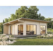 Modernes Gartenhaus mit großen Fenstern und Flachdach im Garten