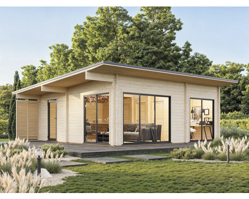 Modernes Gartenhaus mit großen Fenstern und Flachdach im Garten