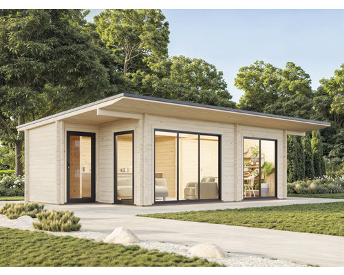 Modernes Gartenhaus aus Holz mit großen Fenstern und Tür