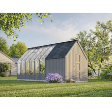 Gewächshaus mit Glasfront und Holztür im Garten.