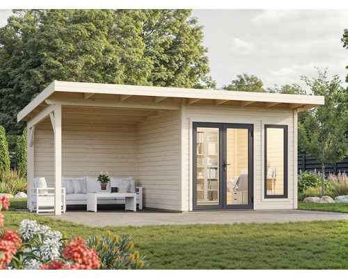 Holzgartenhaus mit Terrasse und Doppeltür im Garten
