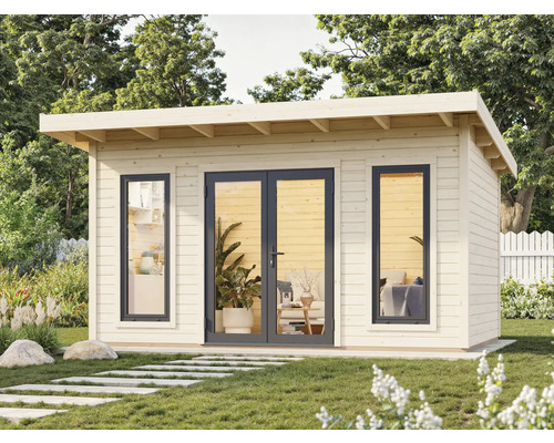 Modernes Gartenhaus mit Doppeltür und Fenstern aus Holz.