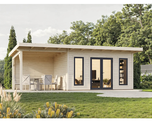 Holzgartenhaus mit Terrasse, Gartenmöbeln und doppelter Tür auf Rasenfläche