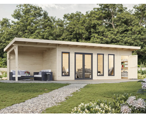 Holzgartenhaus mit Terrasse, Fenstern und Regalen