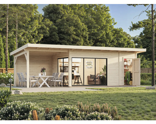 Holzgartenhaus mit Terrasse, Sitzgruppe und Geräteschuppen im Garten