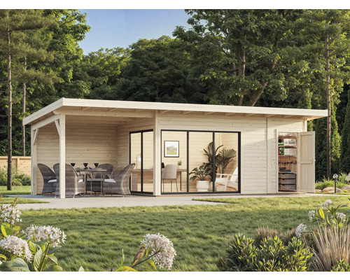 Garten mit Holzgartenhaus mit Terrasse, Schiebetür und Geräteschrank