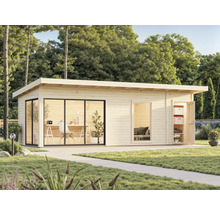 Modernes Gartenhaus aus Holz mit Flachdach, großen Fenstern und Außentür