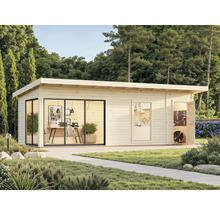 Gartenhaus mit Büroausstattung, Werkzeugen und Pflanzen in einer grünen Umgebung.