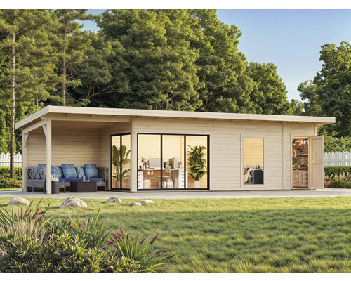 Modernes Gartenhaus mit überdachter Terrasse und Büroeinrichtung im Garten