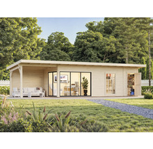 Holzgartenhaus mit Terrasse, Büroraum und Geräteschuppen im Garten