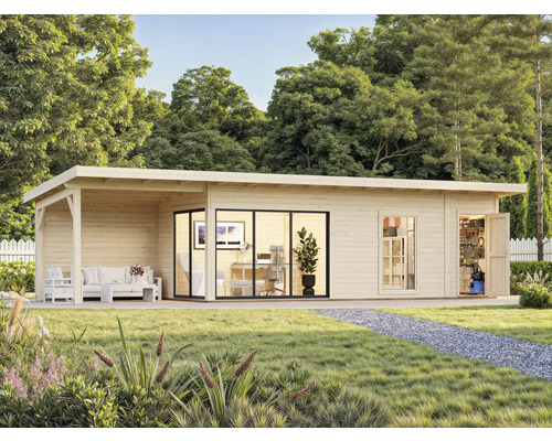 Modernes Gartenhaus mit überdachter Terrasse, großen Fenstern und offenstehender Tür