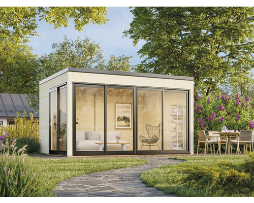 Modernes Gartenhaus mit Holzfassade und Glasfront im Garten