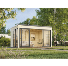 Modernes Gartenhaus mit Schiebetüren und Gartenmöbeln im Außenbereich.