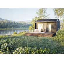 Modulares Gartenhaus mit Holzterrasse am See