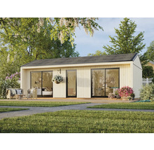 Modernes Gartenhaus mit Terrasse, Sitzgelegenheiten und üppiger Bepflanzung