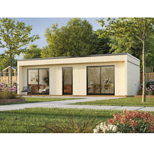 Modernes Gartenhaus mit Holzfassade und großen Fensterfronten